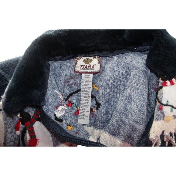 Vintage Tiara Sweater Women's Large Blue Penguins Winter Full Zip Cardigan - Picture 7 of 7